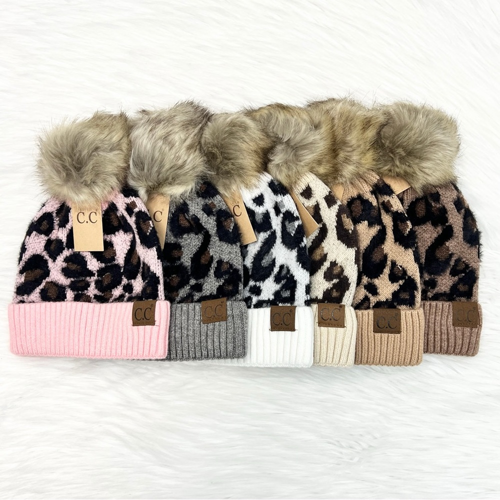 C.C Beanies Leopard Pom Beanie for Adults, Winter Hats, Premium Hats, Warm Hats